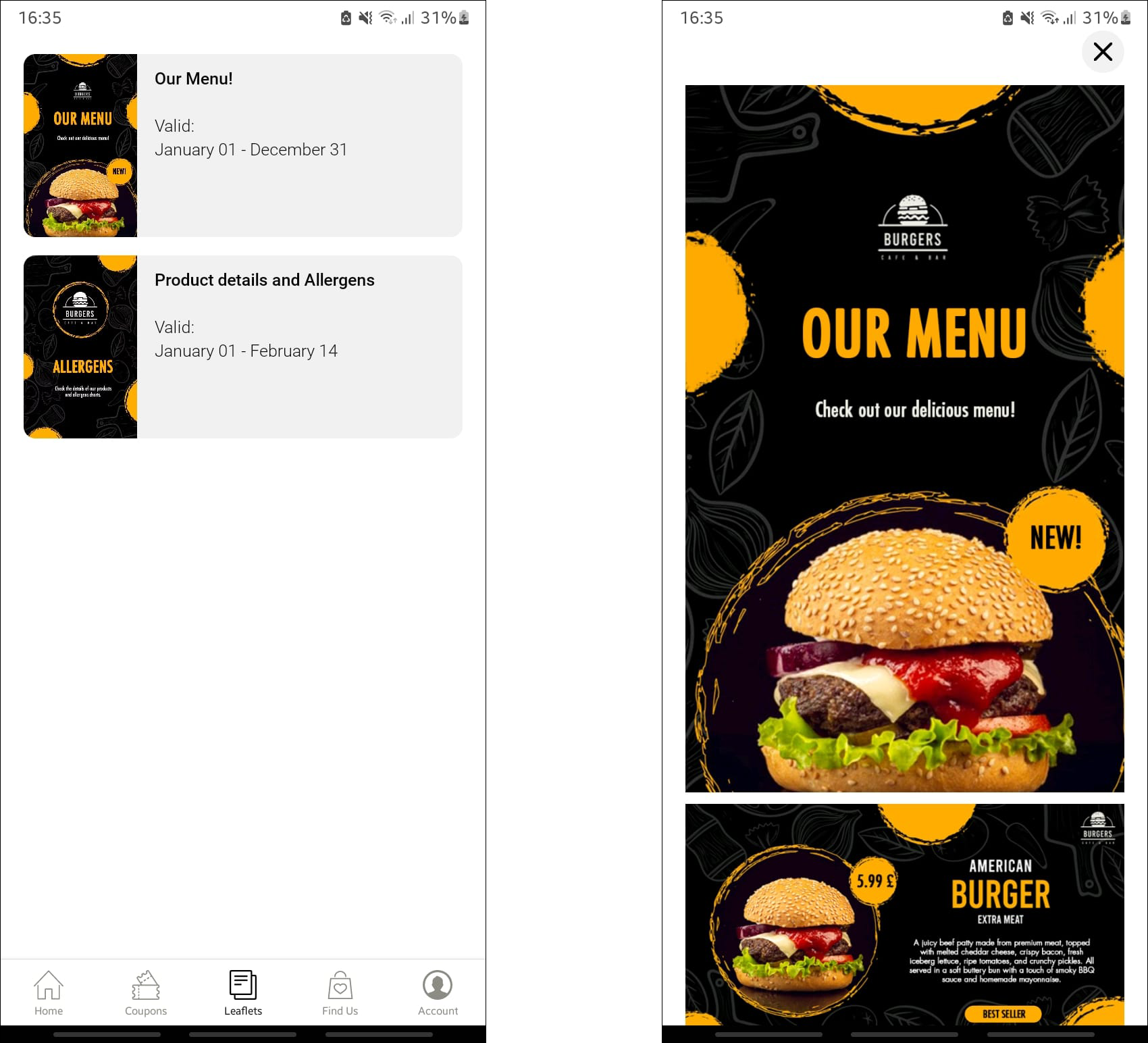 Preview of leaflets section and detail of PDF in app