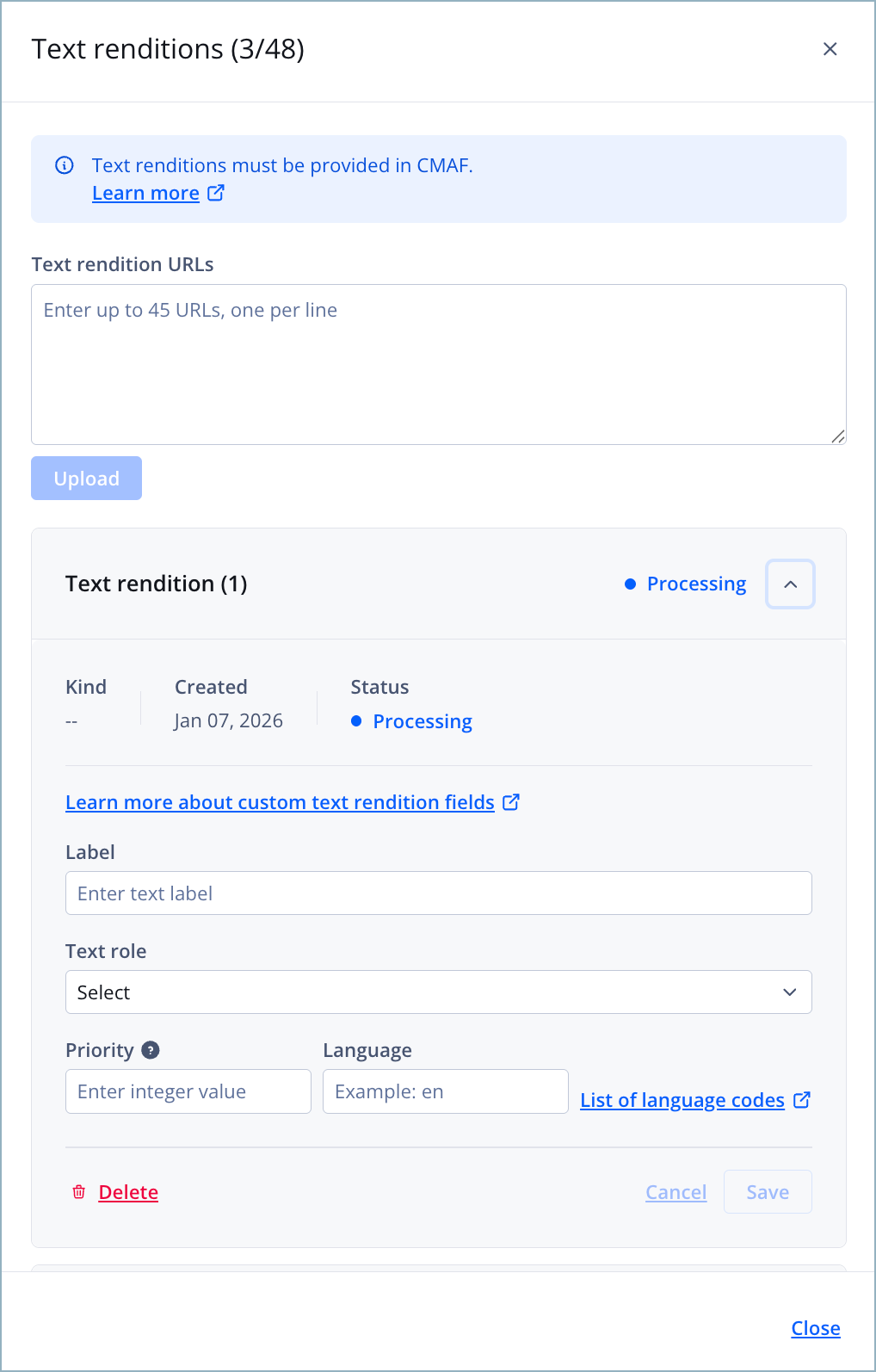 Text renditions panel