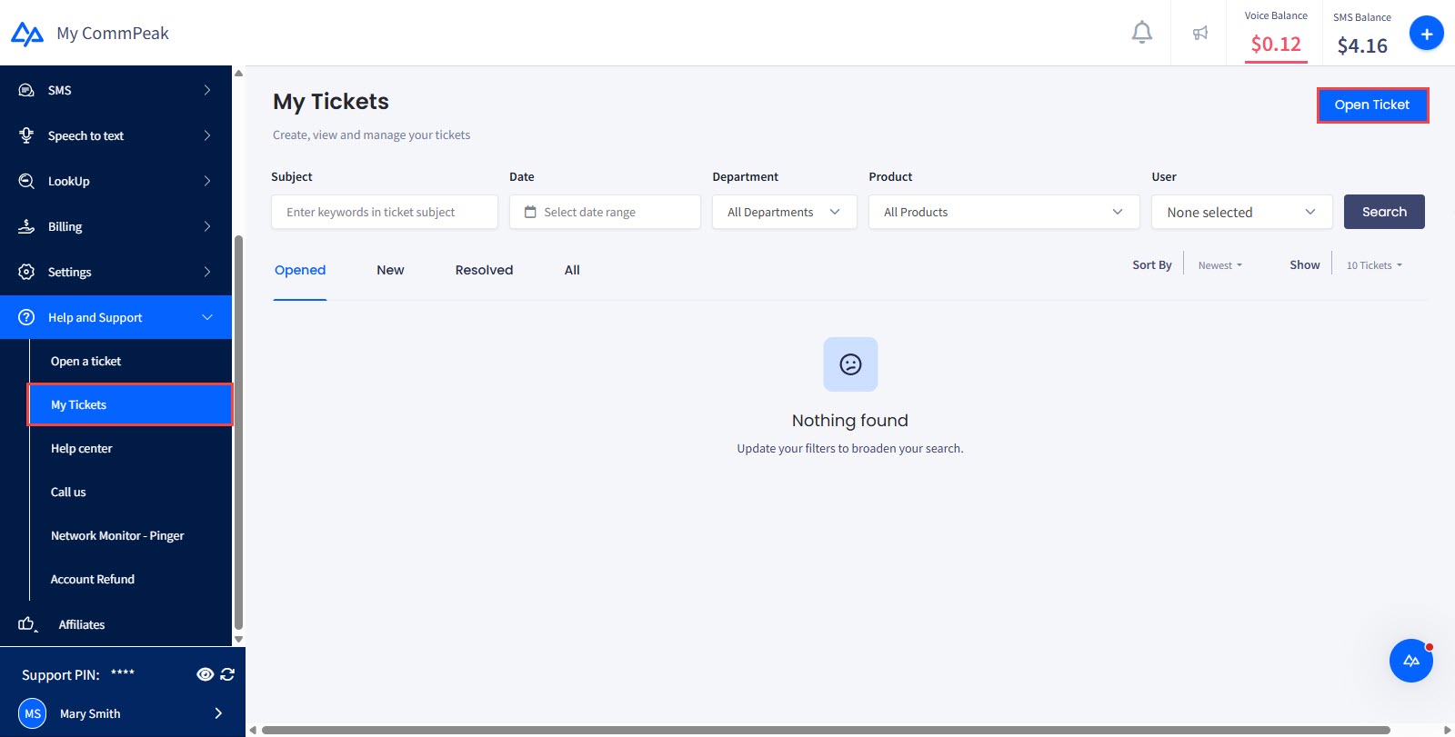 Screenshot of the options to open a new ticket