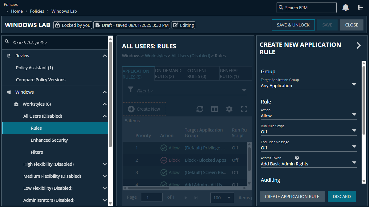 Settings to create an application rule in the Policy Editor