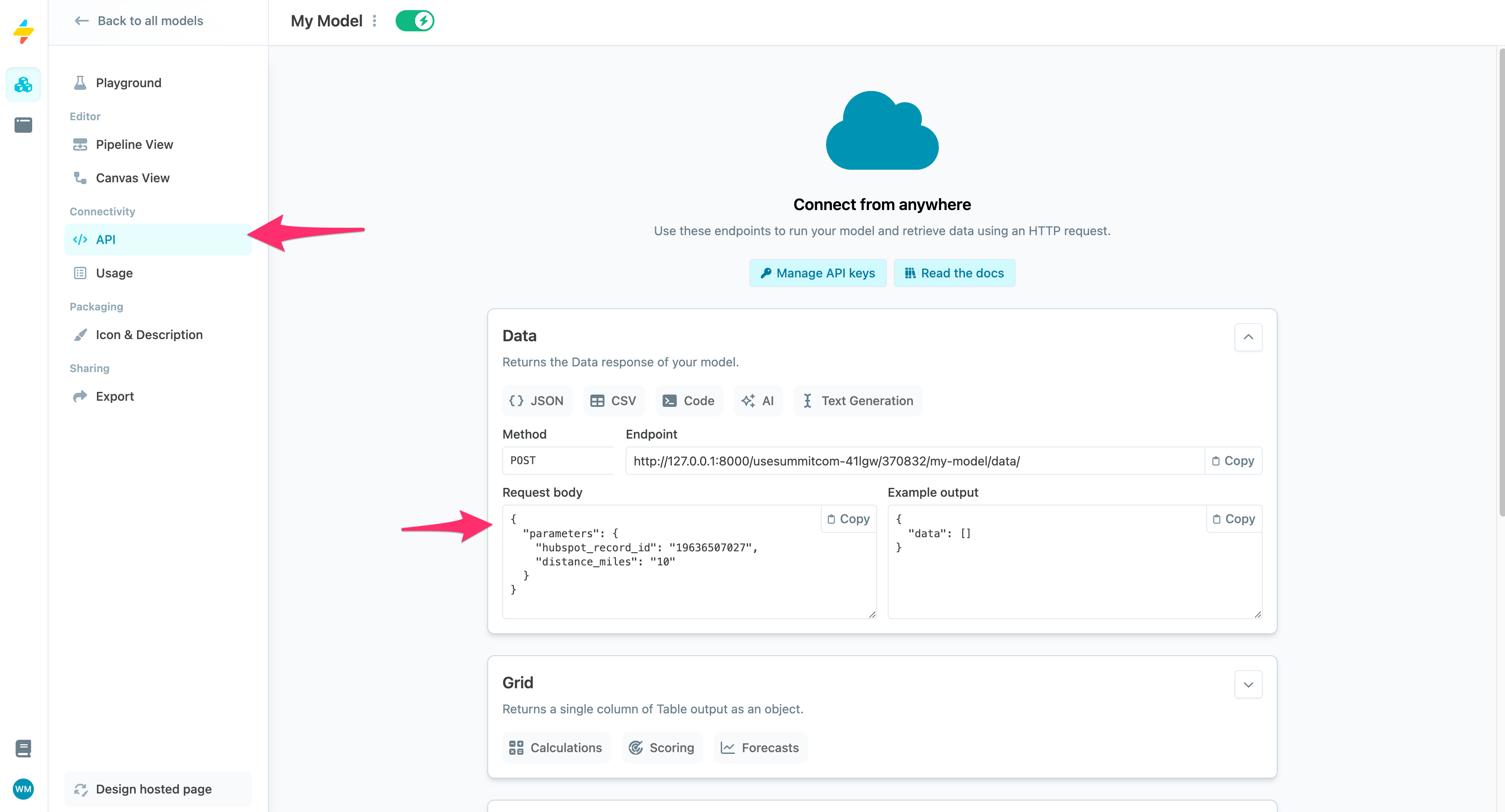 The API screen for a model shows you the proper JSON payload to provide to the HubSpot step.