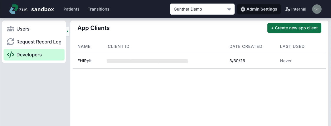 Screenshot of Zus App Developers section