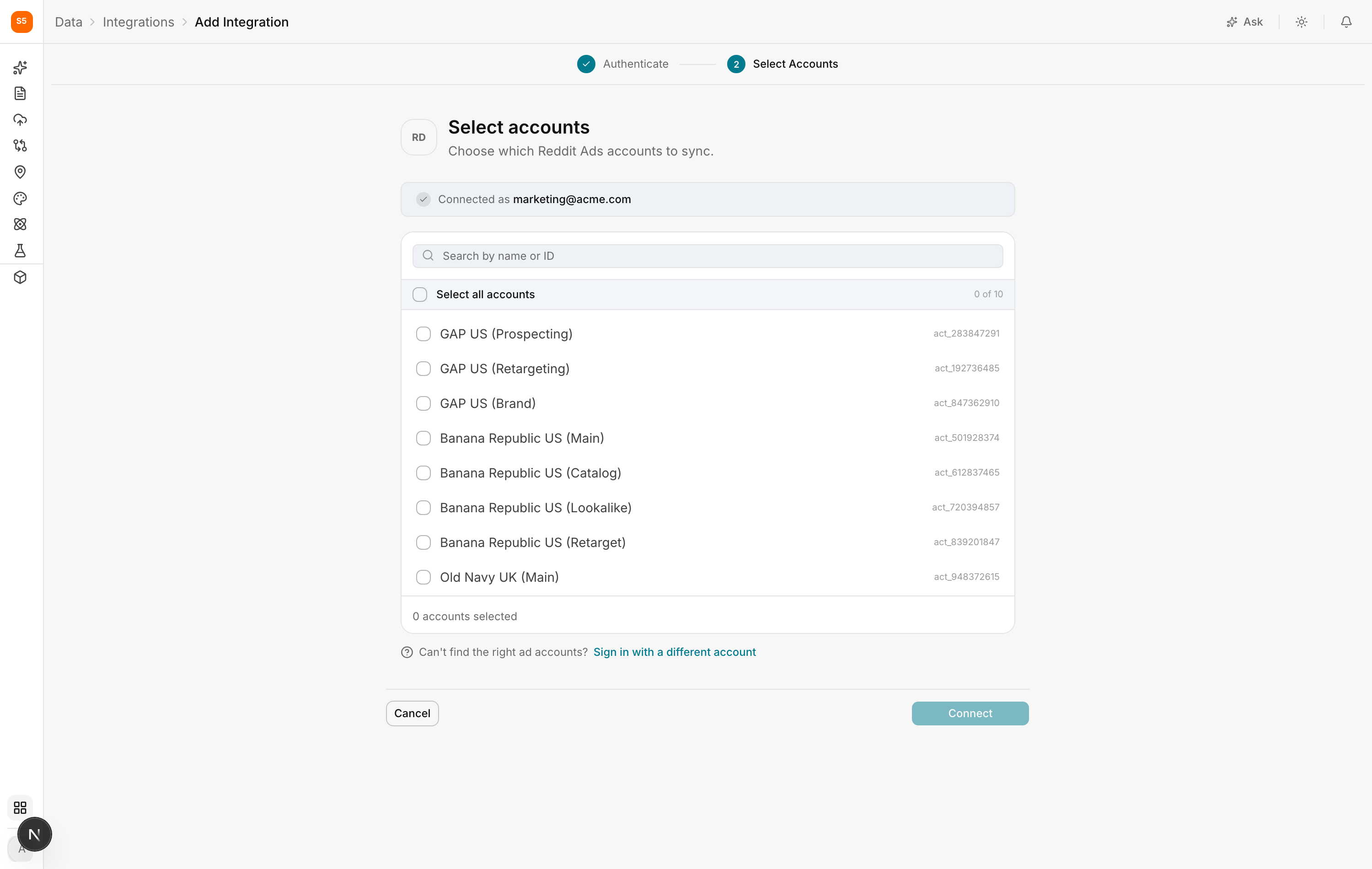 Selecting which Reddit ad accounts to sync