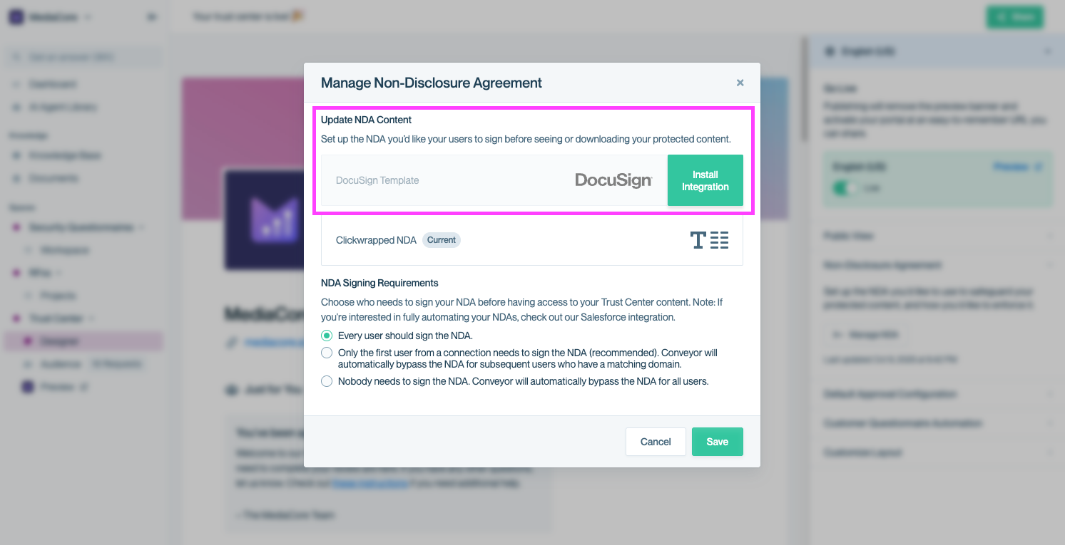 NDA configuration modal with 'Install Integration' highlighted.