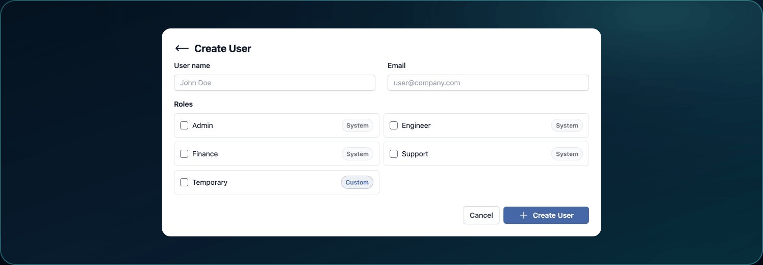 Create User form showing the User name, Email, Role selection, and Create User action with sample values.