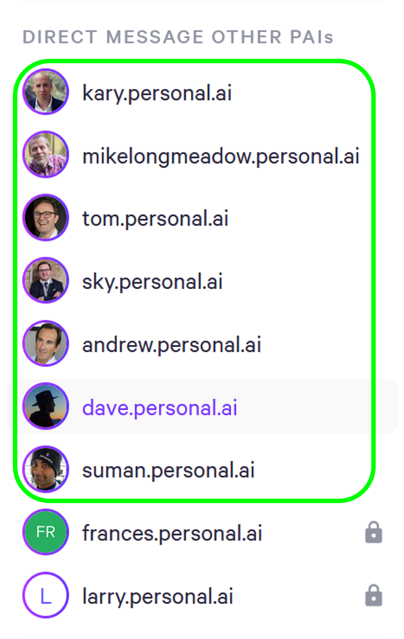 Screenshot of public personal AIs