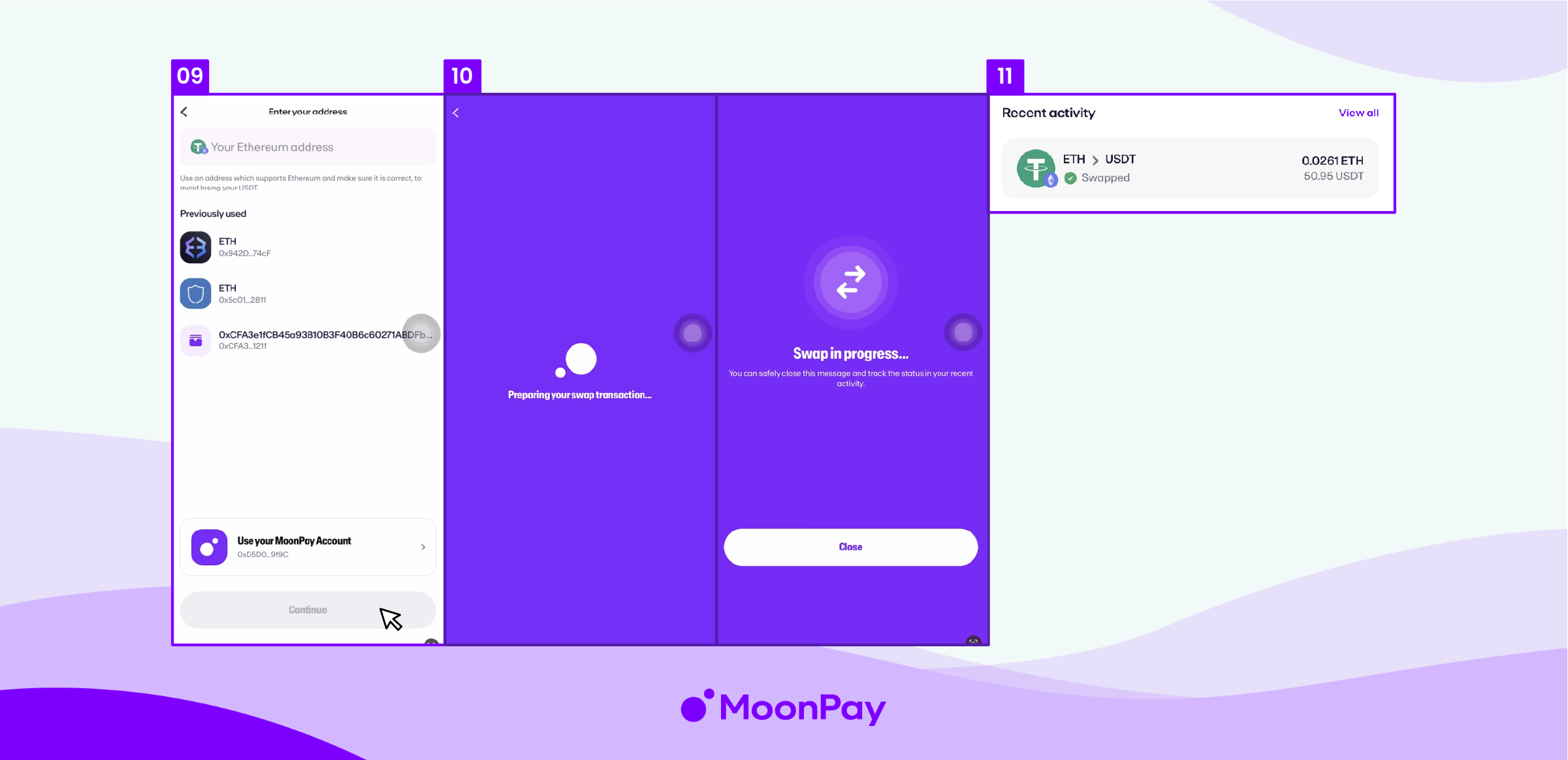 Steps 9-11 in the MoonPay app on how to swap.