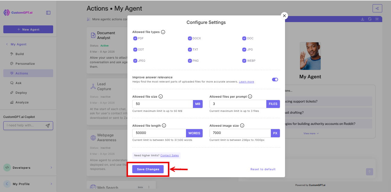 screenshot of save changes button in the cofigure modal of document analyst agentic action