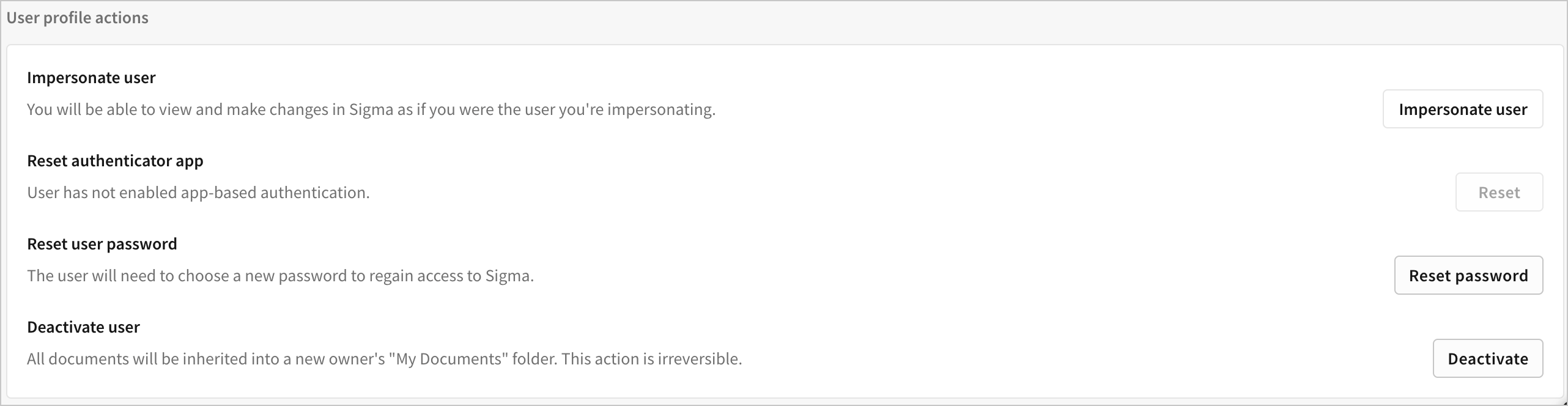 Admin user view of a user profile page with the Reset authenticator app option and authentication app status text.