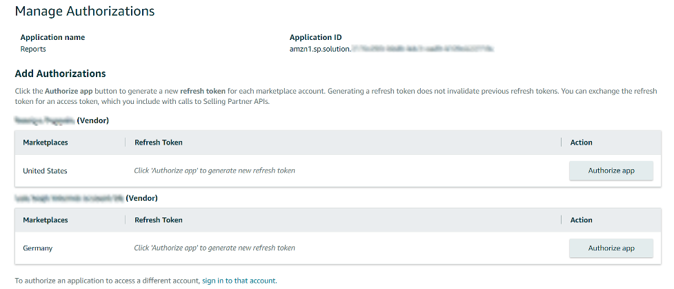 A view of the Manage Authorizations page showing applications and buttons to authorize them. 