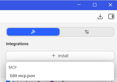 LM Studio right sidebar showing Integrations, Install, and Edit mcp.json