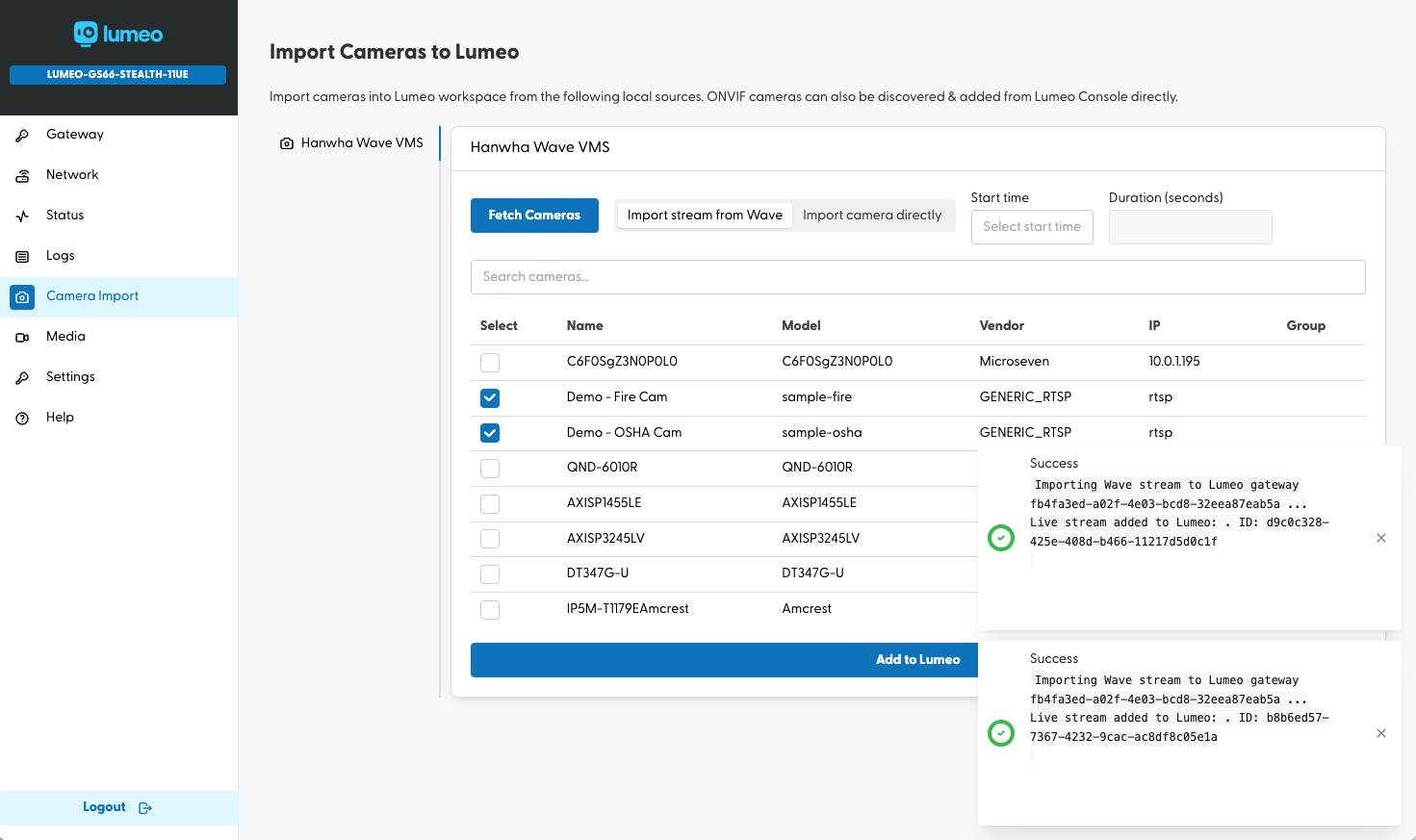 Import Wave Cameras into Lumeo as a video source