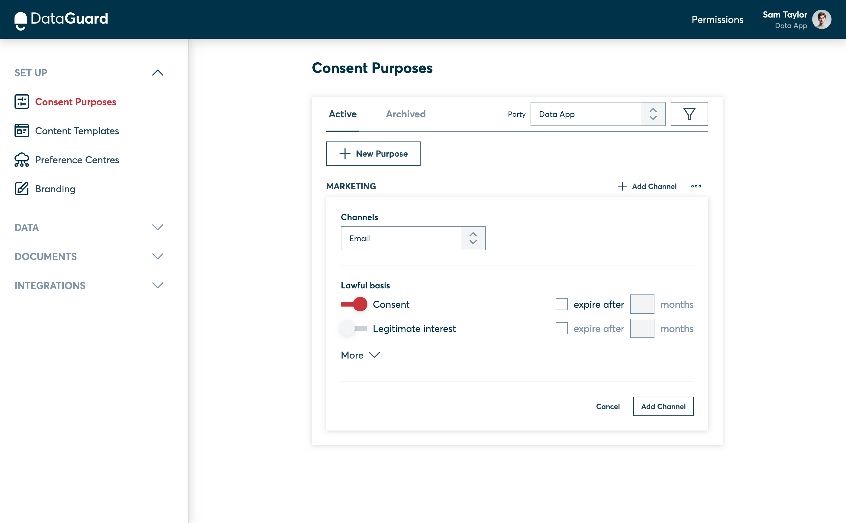 Adding a Channel to a Purpose in the CPM UI.