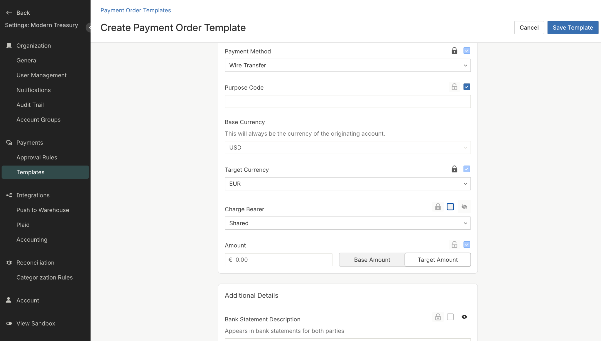 Pre-set and lock fields to ensure compliance and make it easier for your users to create a Payment Order