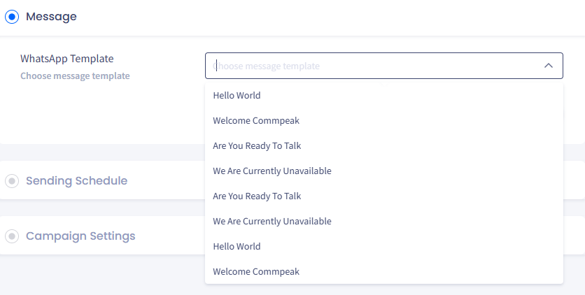 Screenshot of the Message section: WhatsApp templates selection