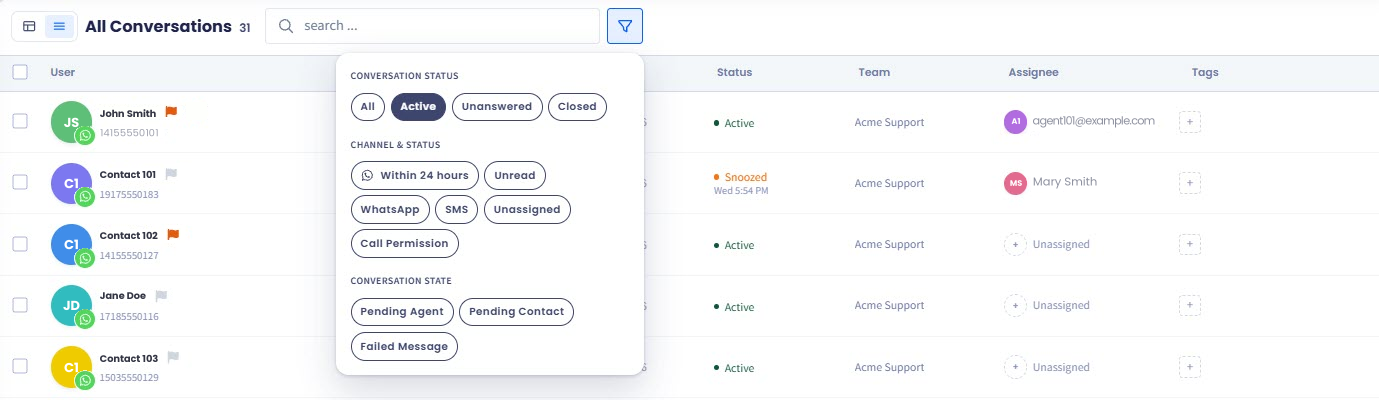 Screenshot of the conversation Filters panel