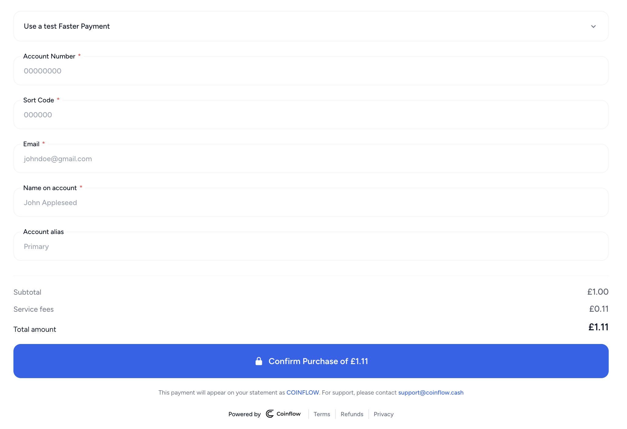 **Approvely's Purchase Modal for UK Faster Payment**Example of the modal where the payer will link their bank account and view the purchase total in their native bank's currency.