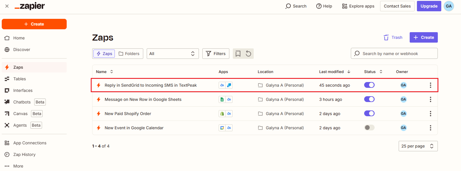 Screenshot of the Home page with published actions