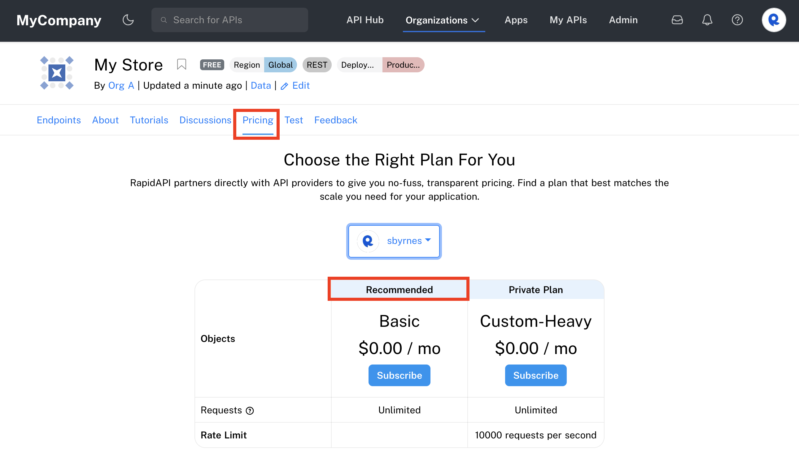 The Recommended label for an API listing's plan.