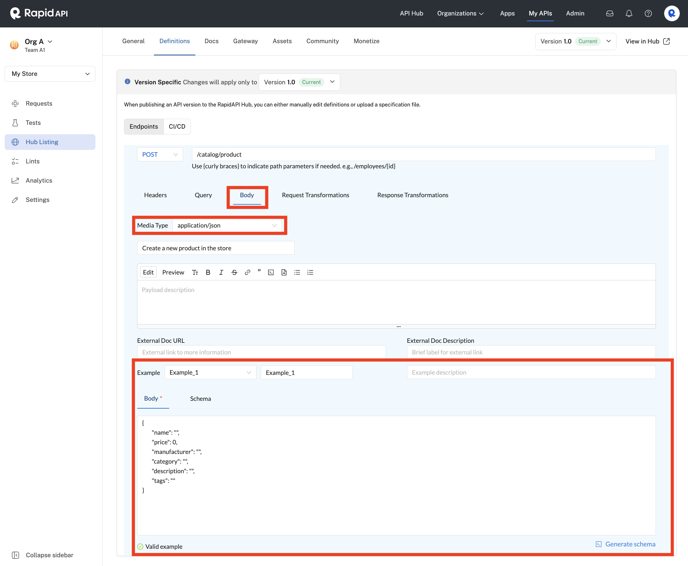 Specifying an application/json body.