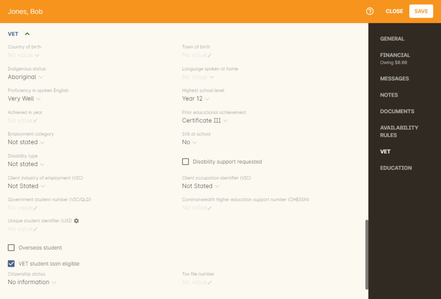 Figure 483. VET Student Loan fields in a Contact record