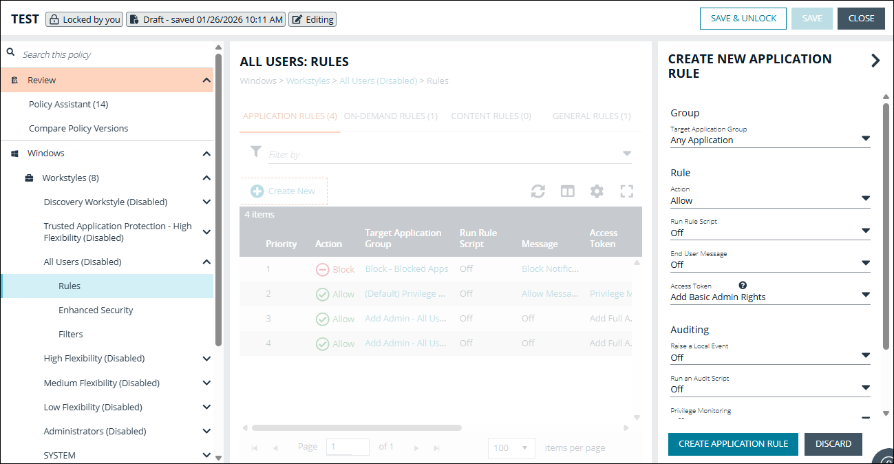 Settings to create an application rule in EPM Policy Editor