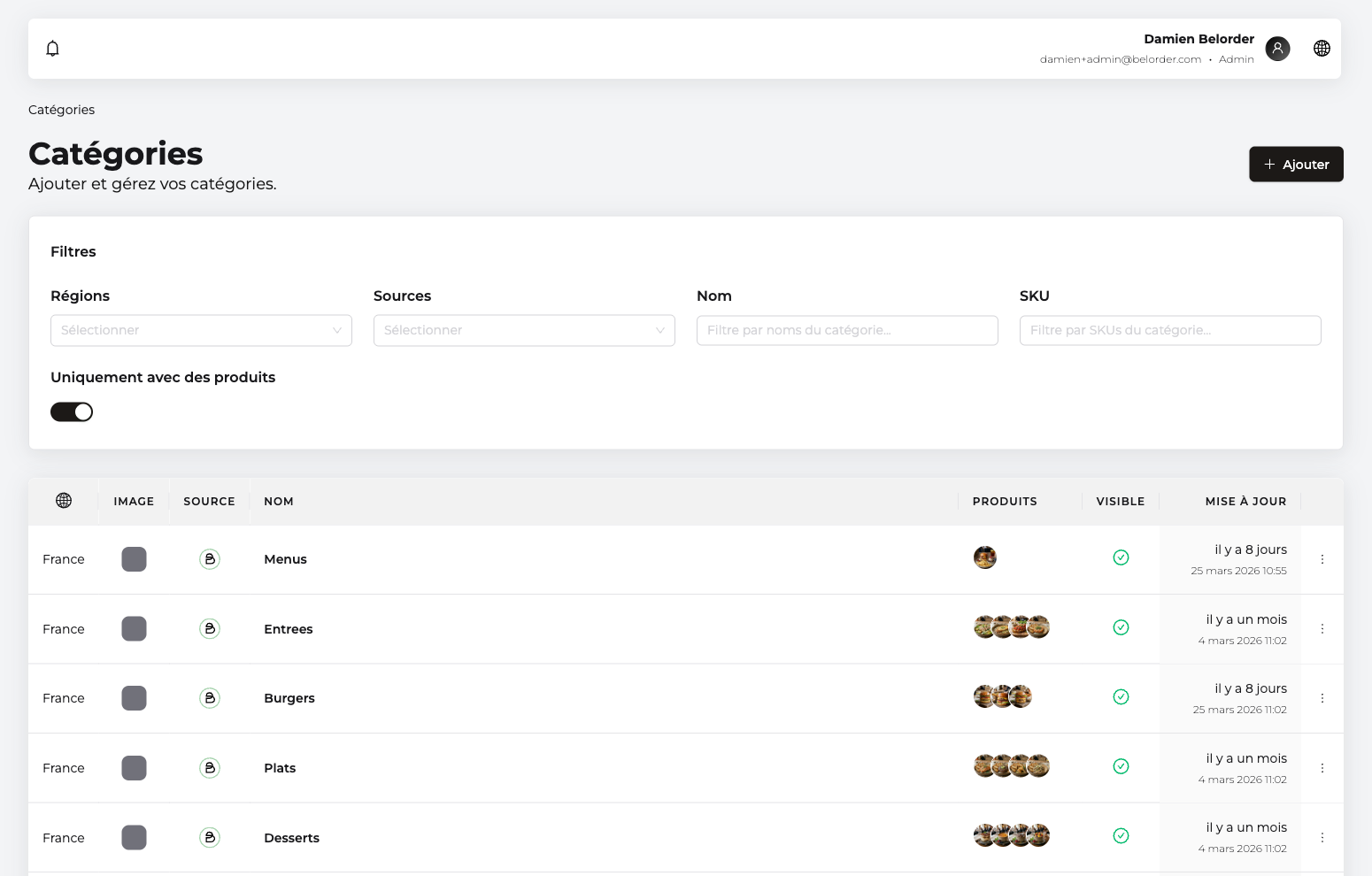 Page de gestion des catégories