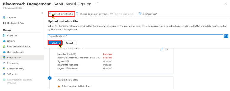 Azure AD SAML configuration with Upload metadata file button highlighted.