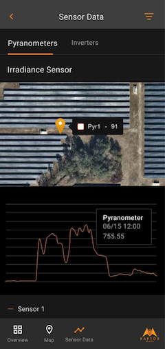 Raptor Maps’ mobile app displays
real-time plane-of-array irradiance
fused with their solar data model.