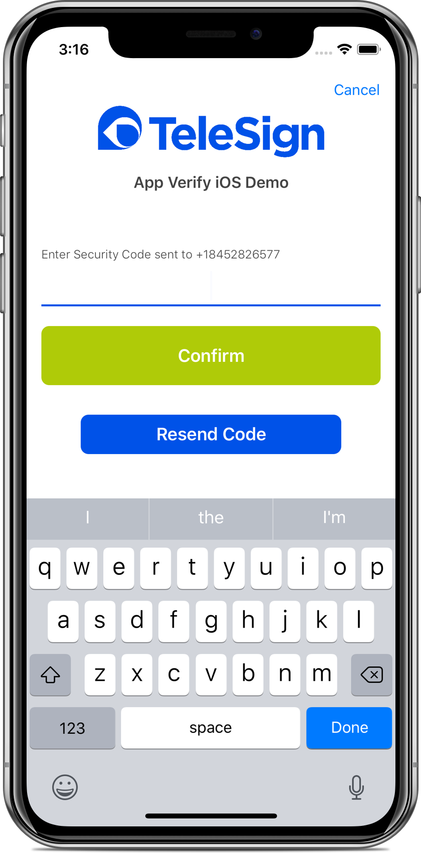 A screenshot of a screen allowing an end user to select either Resend Code or Confirm while submitting a verification code.