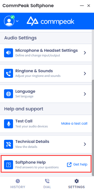 Screenshot of the Softphone Help option