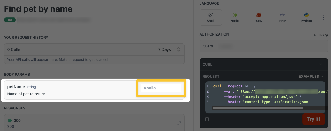 With **Default Handling** disabled, the `example` value "Apollo" is used as a **placeholder** in the API Explorer form.