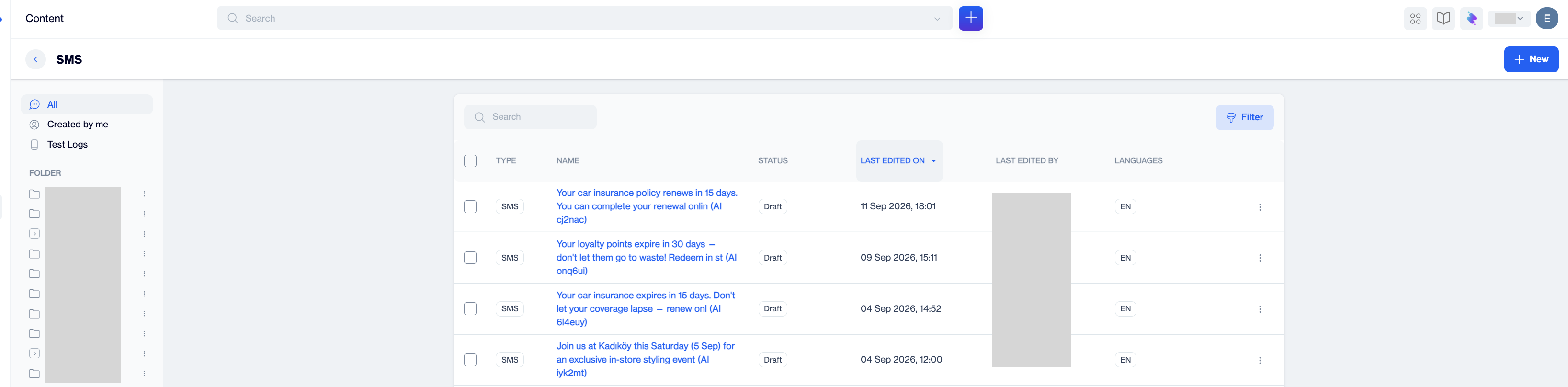 _The SMS content list in Dengage showing the All, Created by me and Test Logs views on the left, folders below them, and the content table with Type, Name, Status, Last Edited On, Last Edited By and Languages columns._