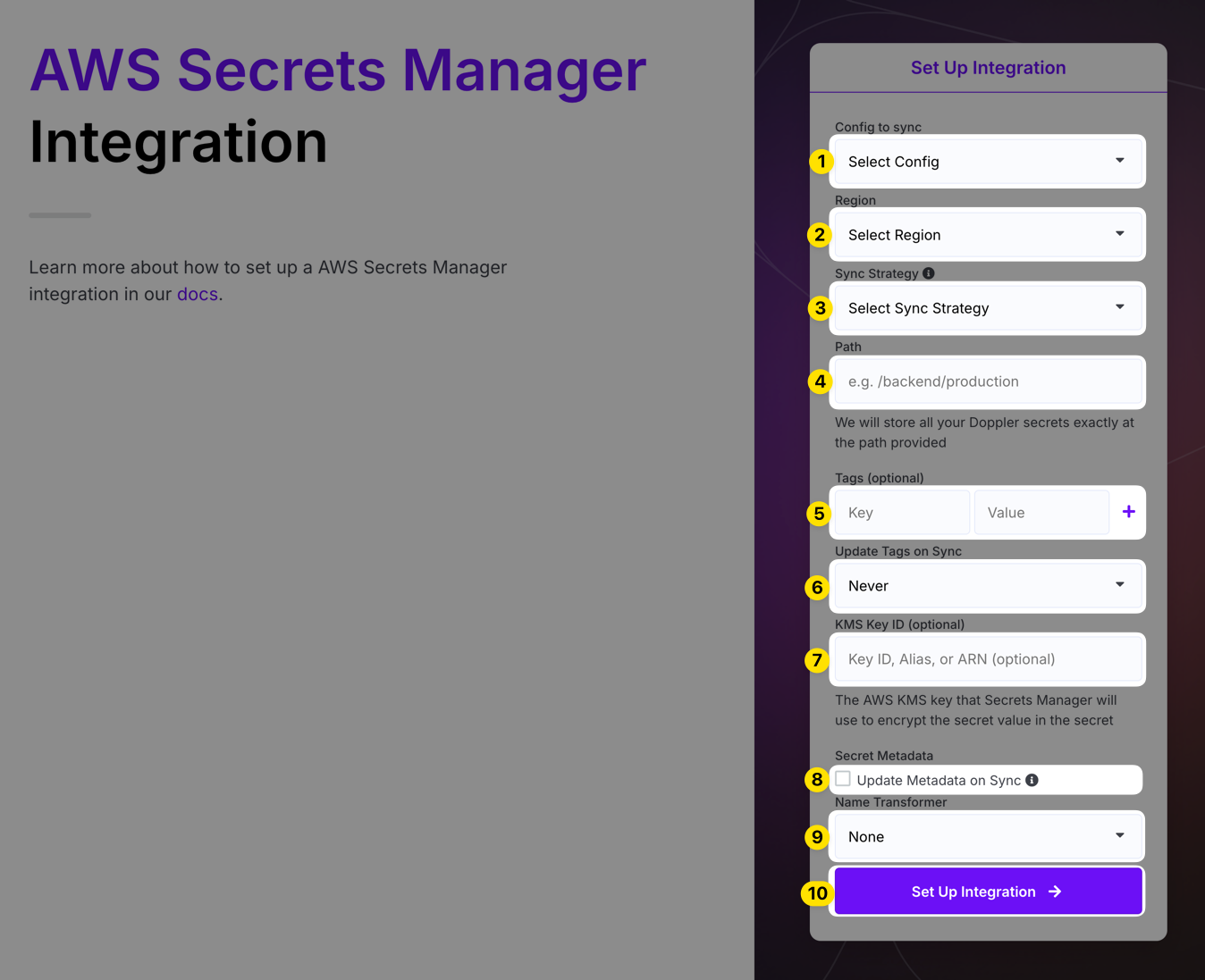 Screenshot of Doppler's integration setup screen showing fields to set up for AWS Secrets Manager