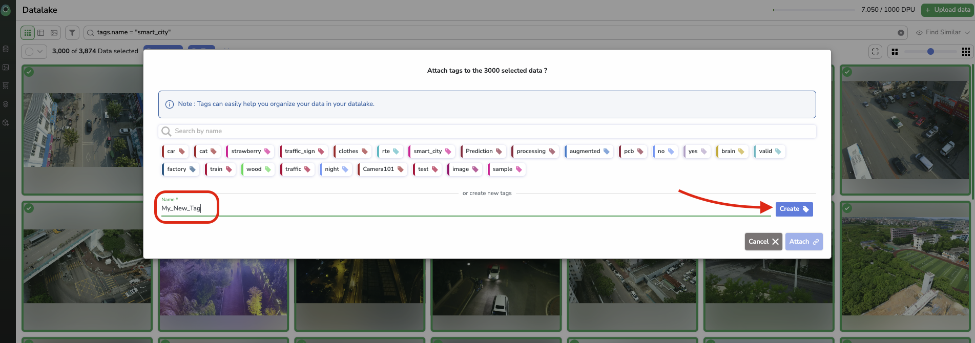 Creating a DataTag within the attachment modal