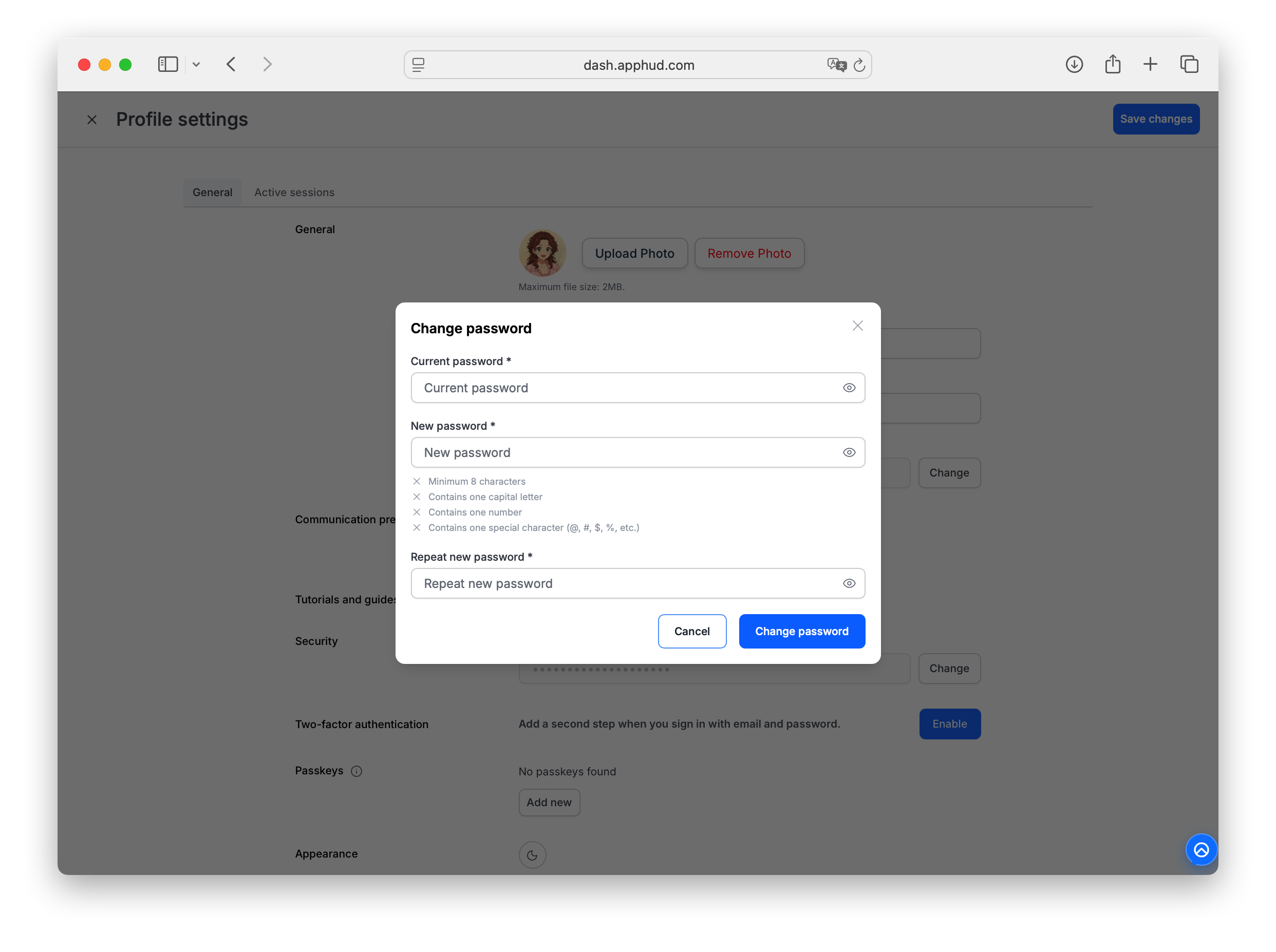 Change password modal