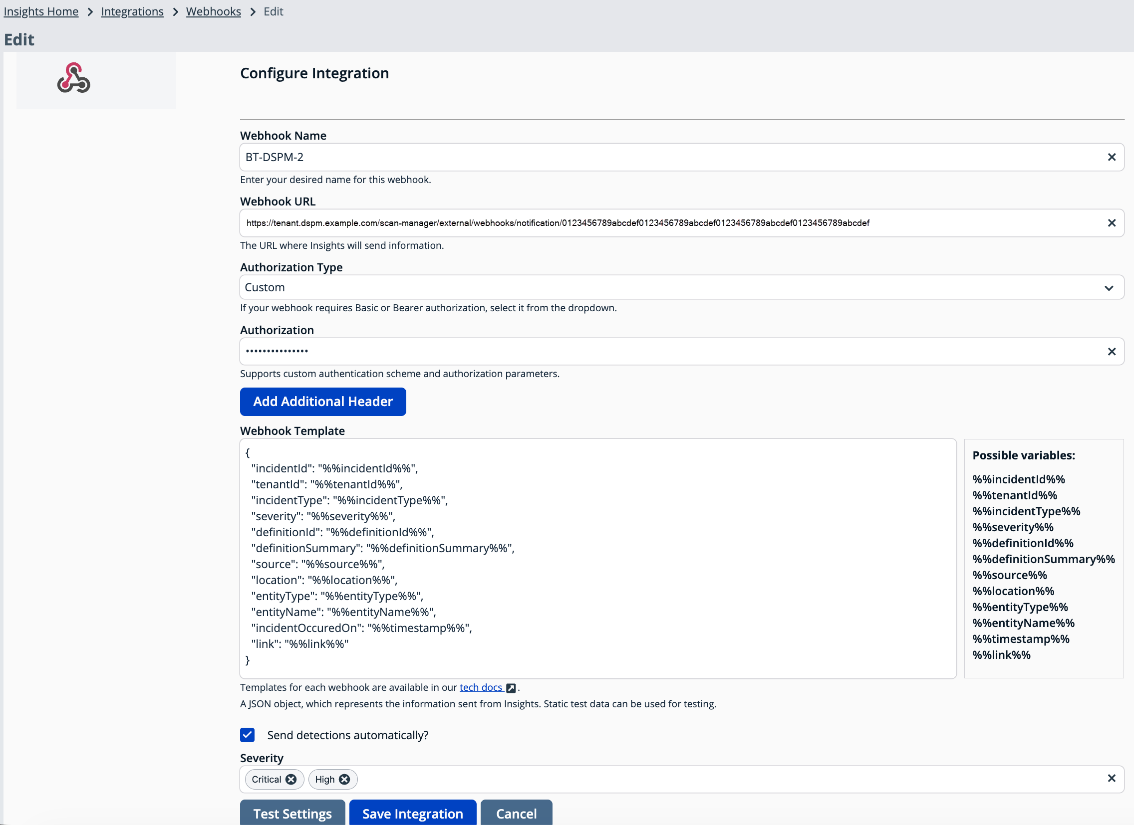 Insights webhook form with Custom authorization, a JSON payload template, and Critical and High severities selected