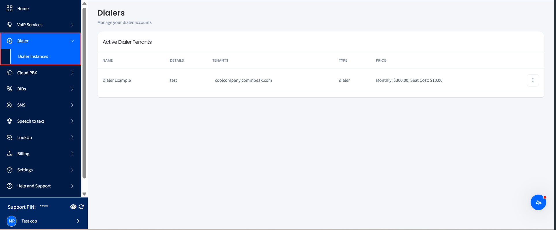 Screenshot of the Dialer Instances page