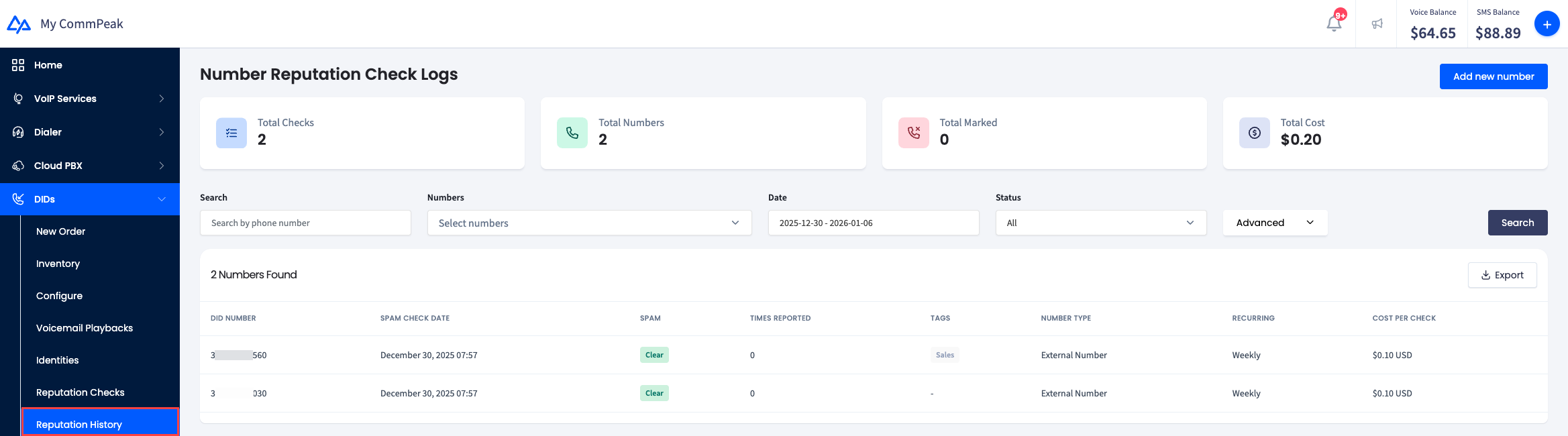 Screenshot of the Number Reputation Check Logs dashboard