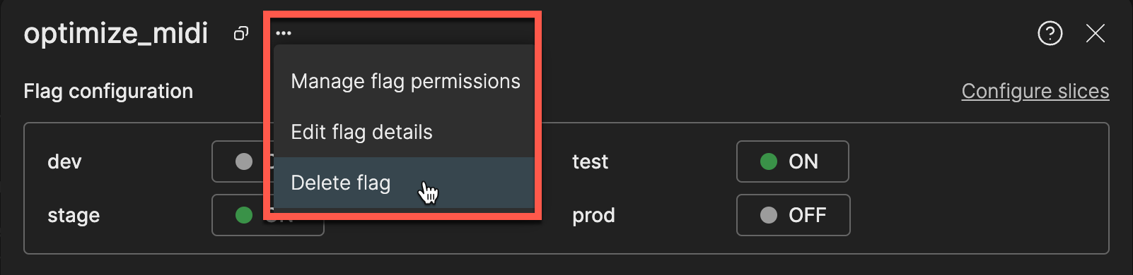 Feature flag configuration screen for an example 'optimize-midi' feature flag in Atono, showing a dropdown menu with options to manage flag permissions, edit flag details, or delete the flag. The 'Delete flag' option is highlighted with a cursor hovering over it.