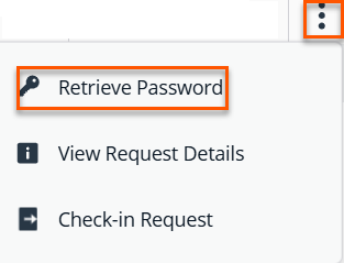 Image of a dropdown menu opened from a vertical ellipsis icon in the top-right corner. The menu contains three options:  Retrieve Password (highlighted with an orange border and key icon) View Request Details (with an information icon) Check-in Request (with an arrow icon).
