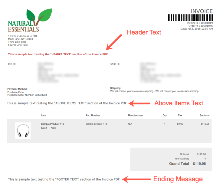 Text Locations on the Invoice