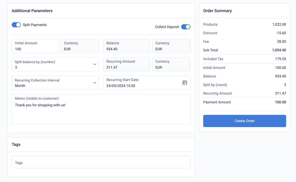 Split payments to create an instalment order