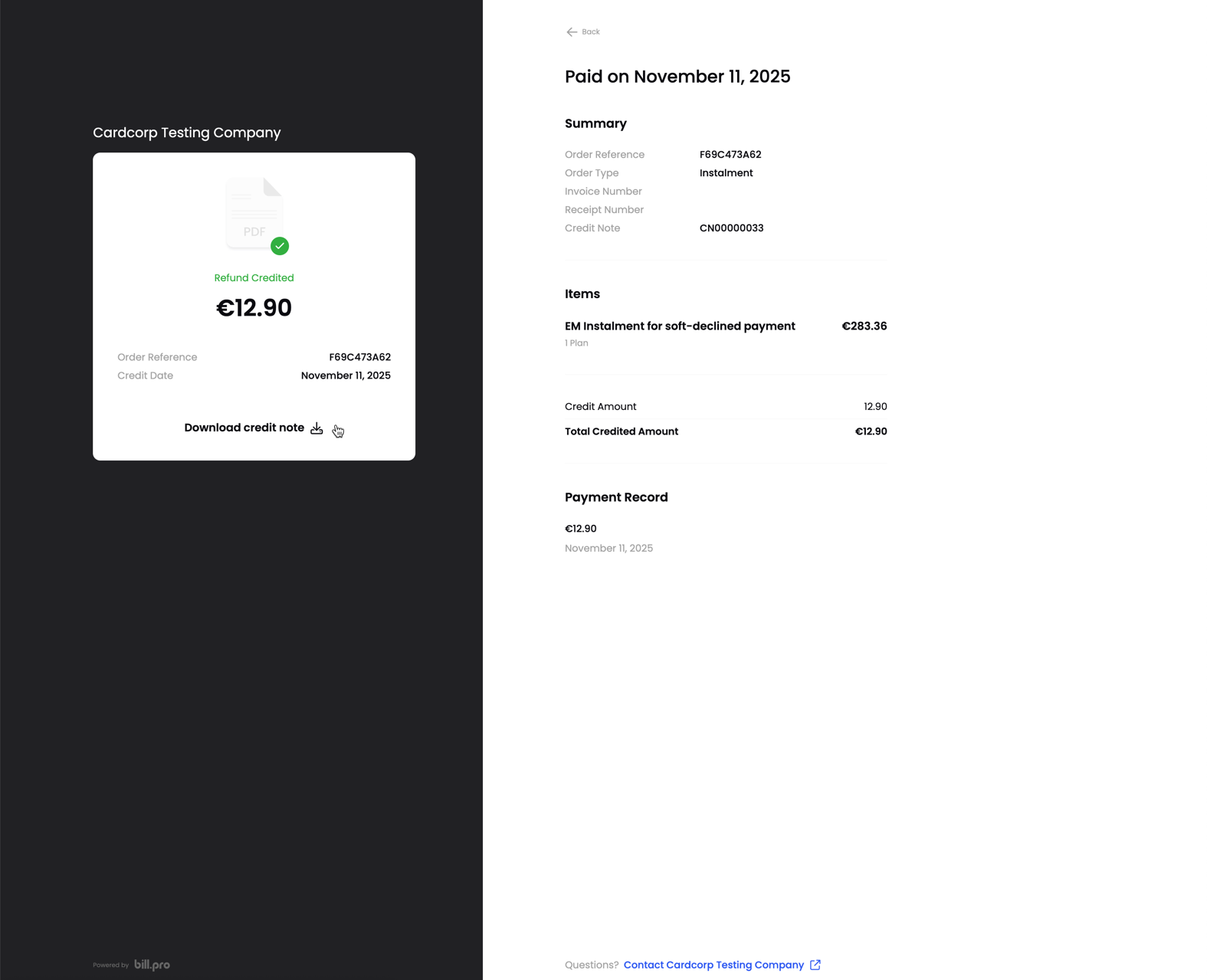 View details of a credit note and download it