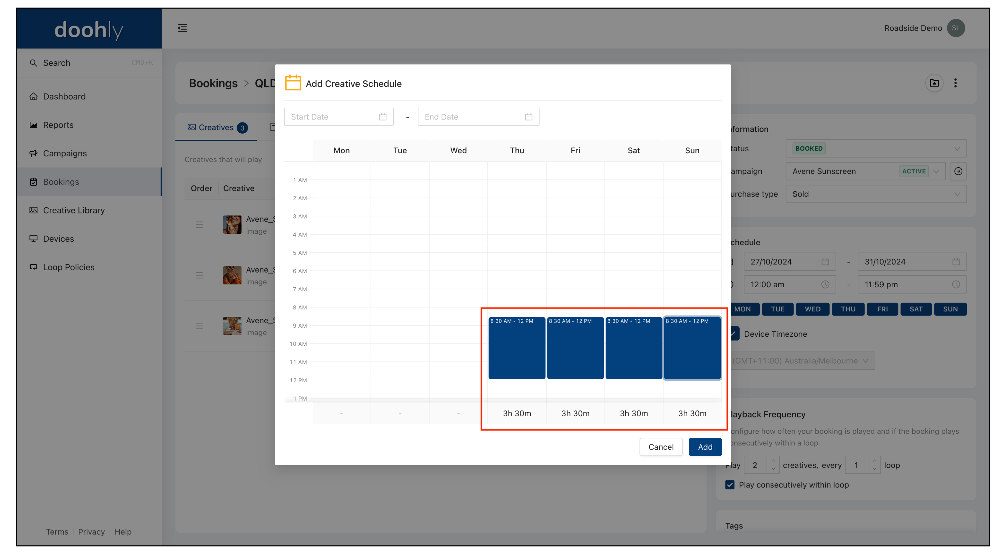 Select times by dragging in half-hour increments.