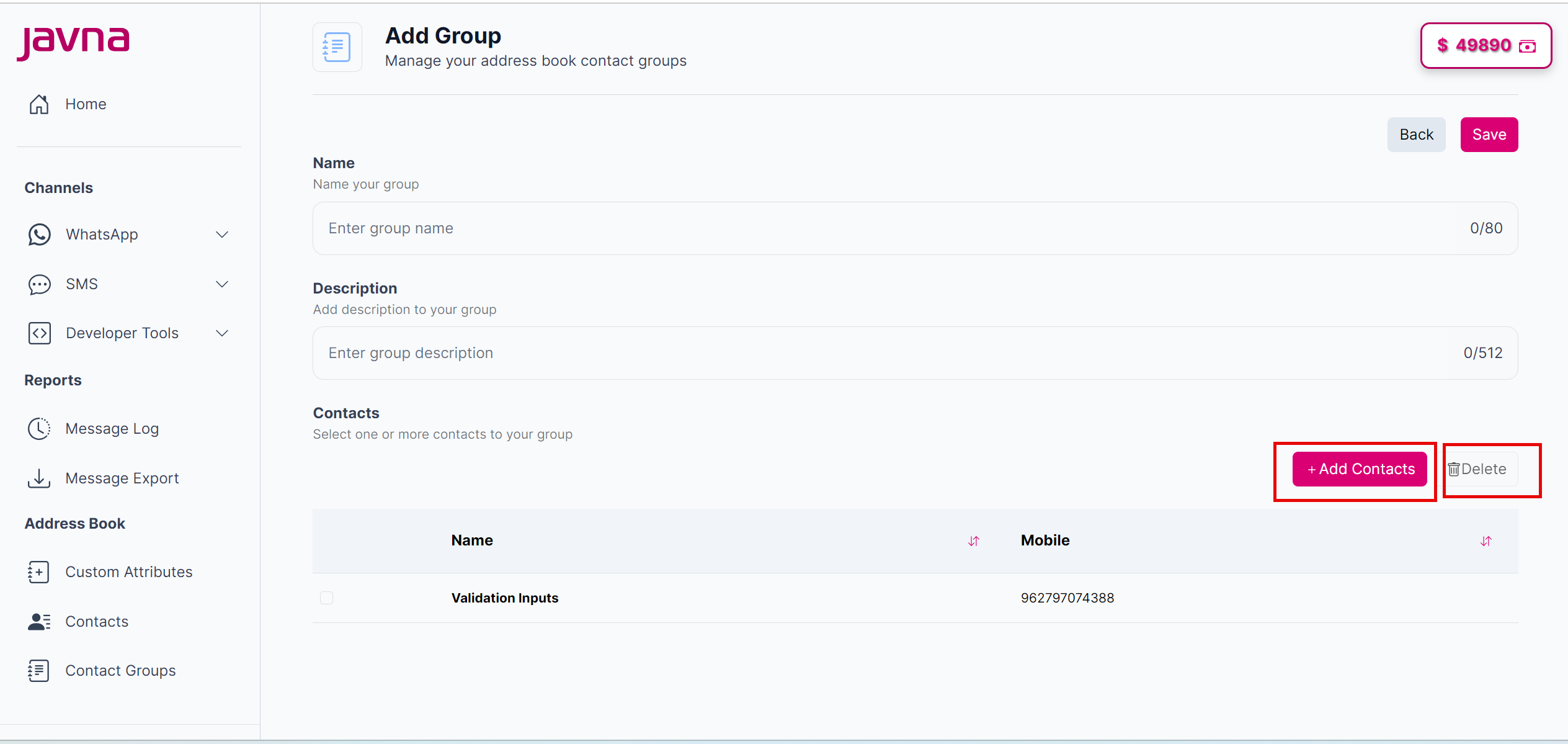 Fig 173: The "Add Contacts" and the "Delete" buttons.