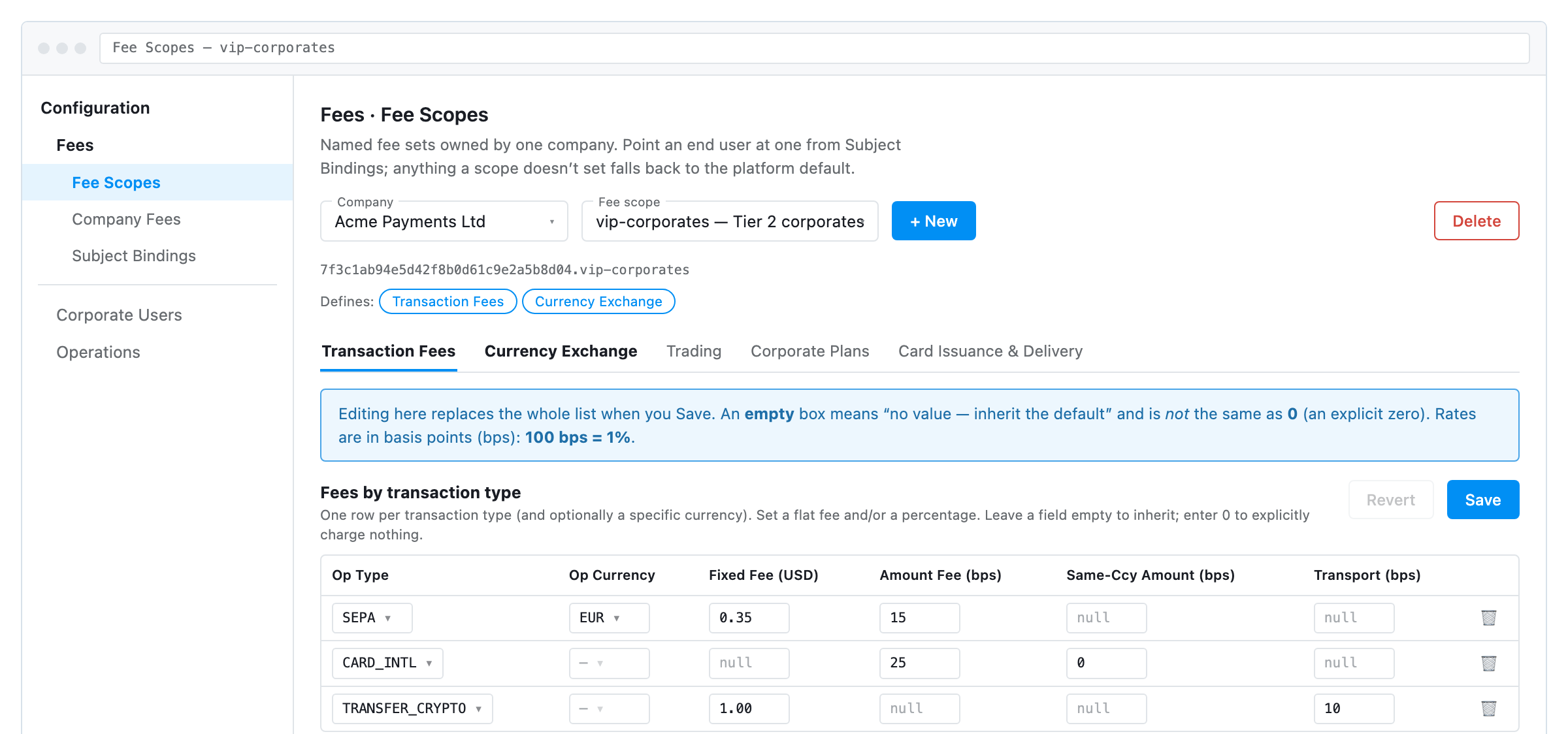 Fee Scopes with a scope selected, showing the Transaction Fees tab