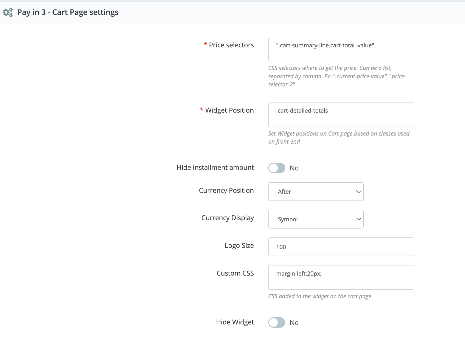 Cart page settings