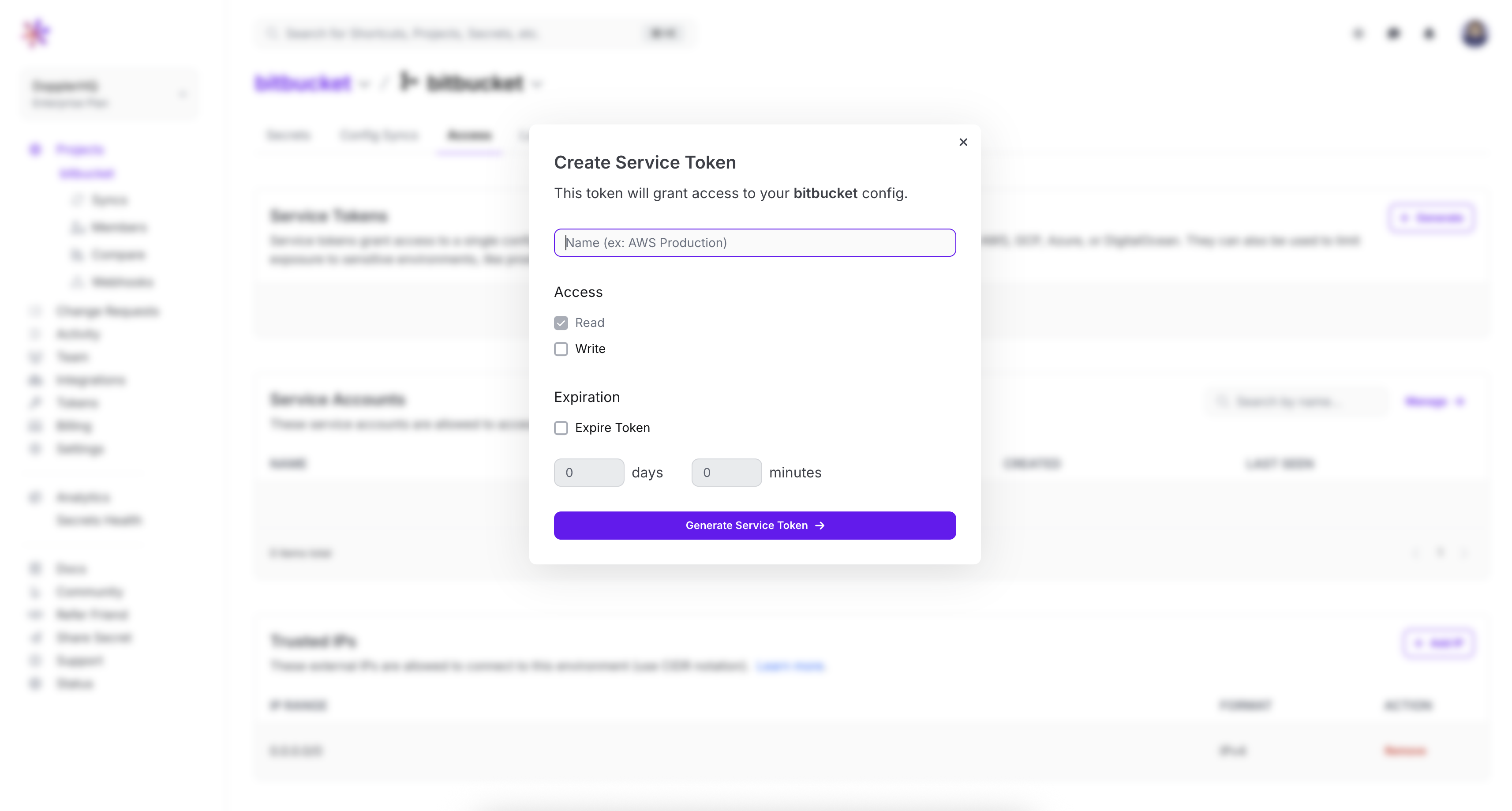 Creating a service token in the Doppler UI