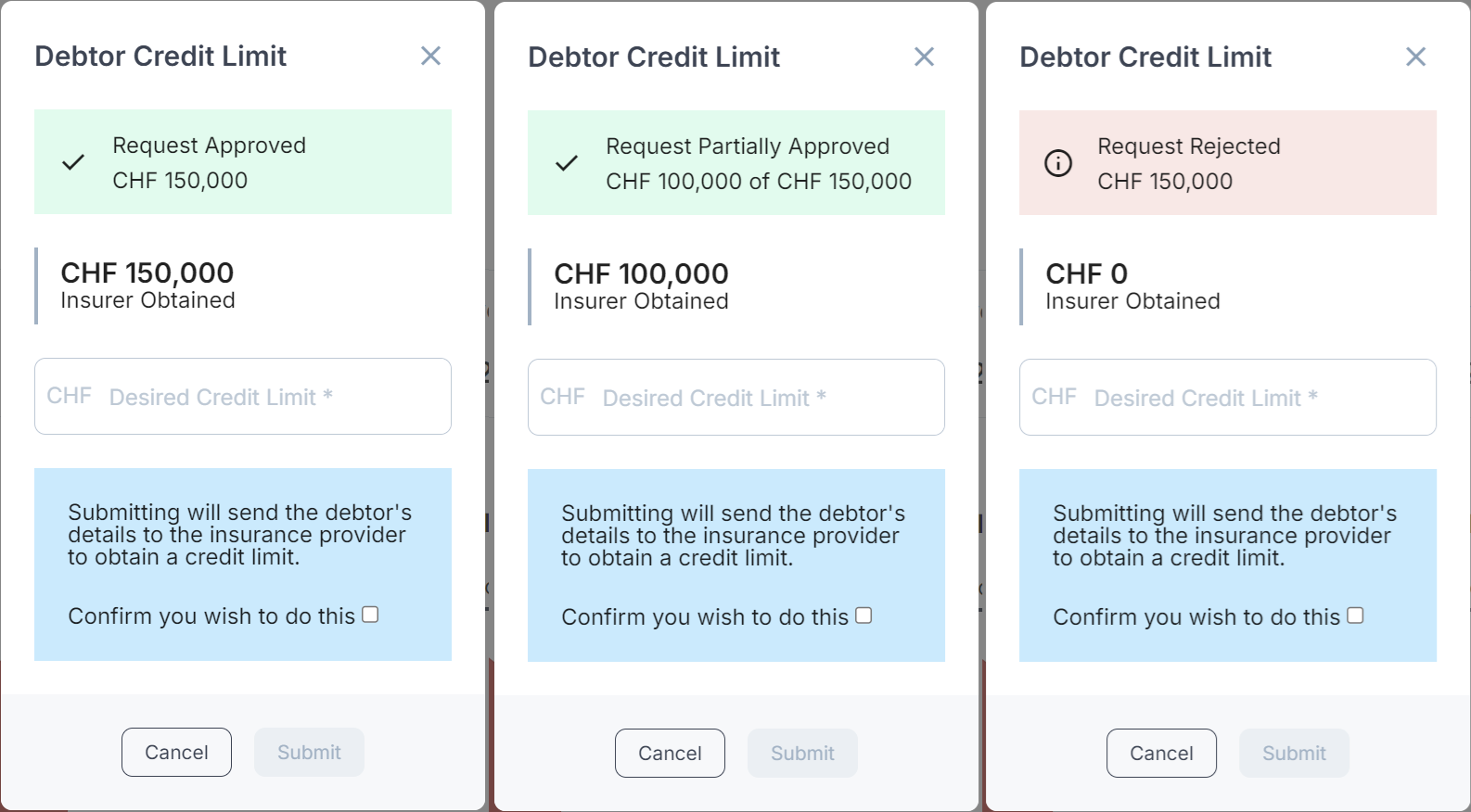 The cover request modal indicating the result of the previous request
